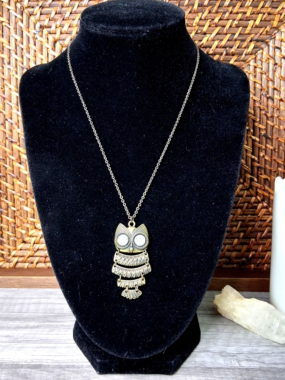 Bronze Rhinestone Owl Pendant Necklace - Women Jewelry